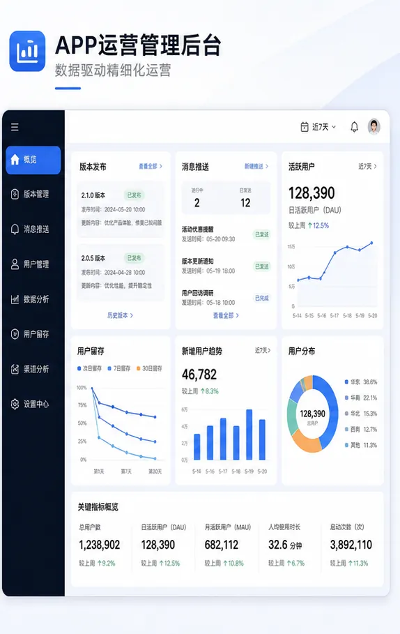 iOS安卓APP版本发布消息推送用户留存运营后台