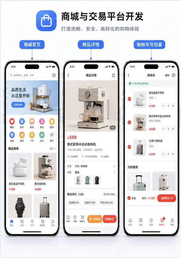 商城系统开发首页商品详情购物车结算三张手机界面